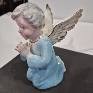Vintage Porcelain Boy Angel Figurine in Blue and White With Gold Trim